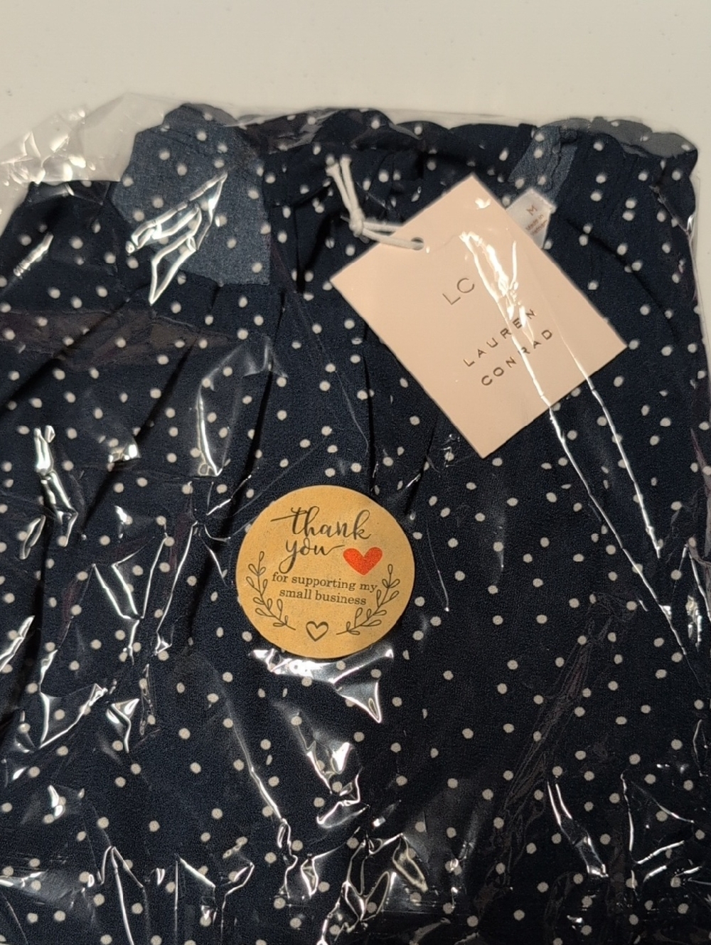 LC Lauren Conrad Womens Navy Polka Dot Blouse With Cap Sleeves NWT - Picture 2 of 5